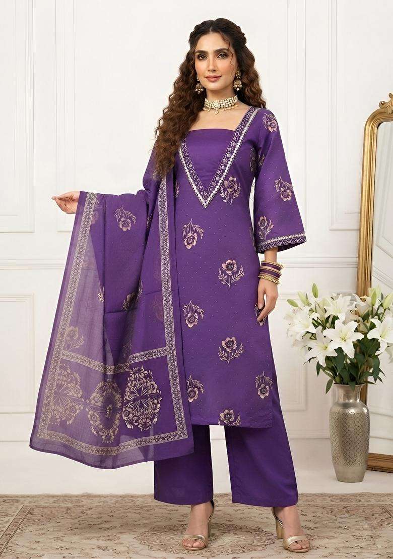Purple Printed Cotton Kurta Set - Indya