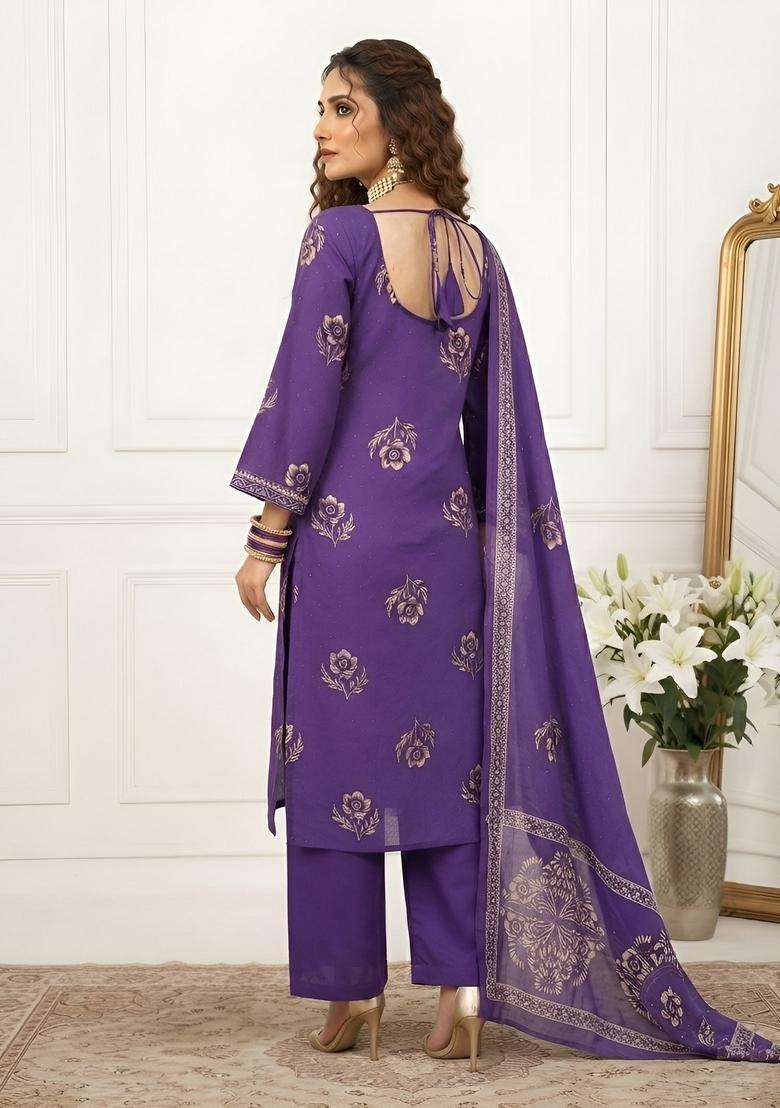 Purple Printed Cotton Kurta Set - Indya