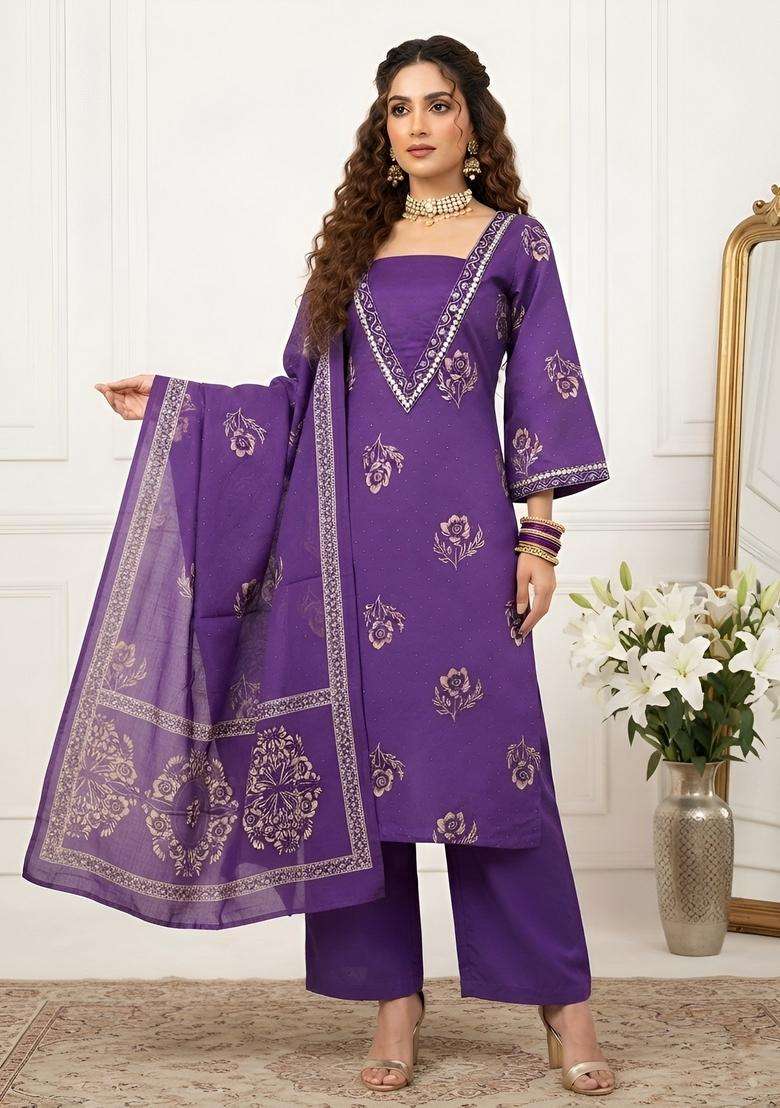 Purple Printed Cotton Kurta Set - Indya