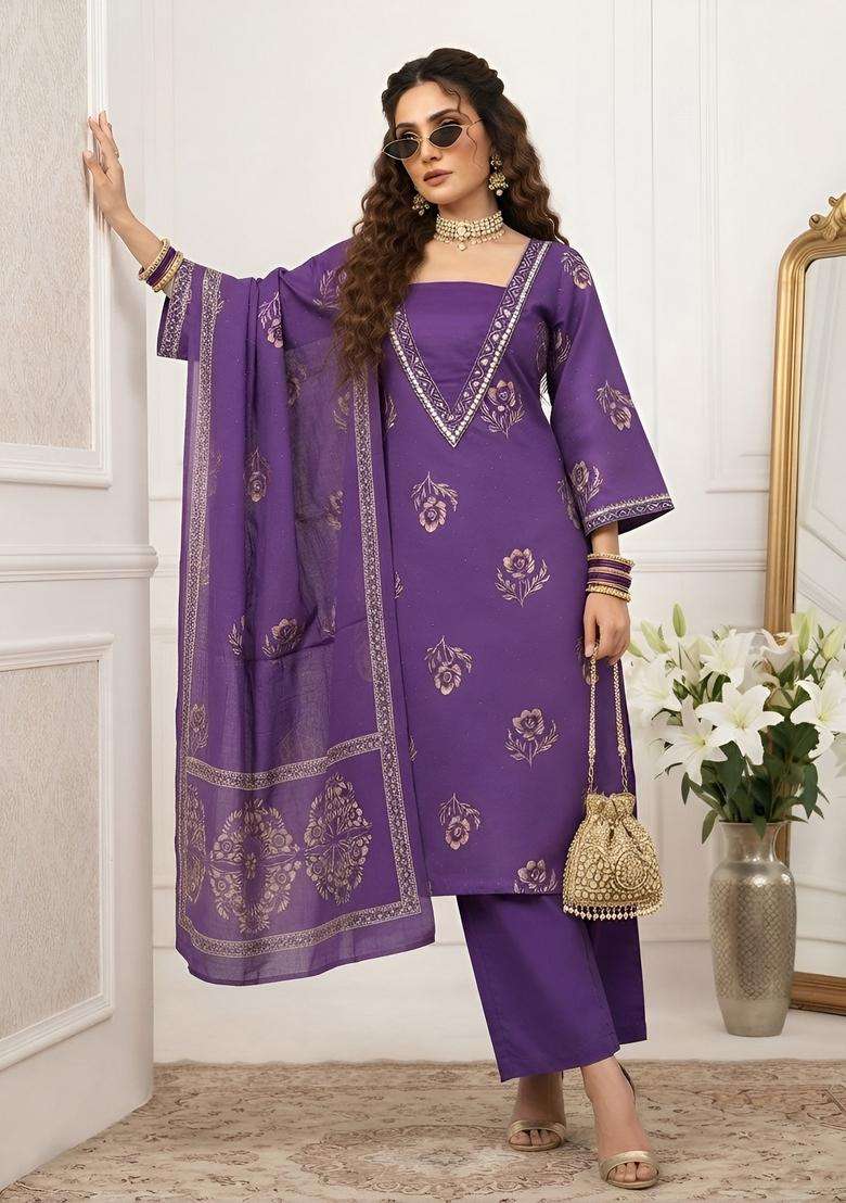 Purple Printed Cotton Kurta Set - Indya