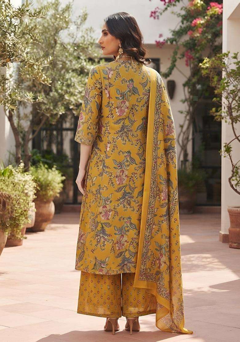 Yellow Printed Cotton Kurta Set - Indya