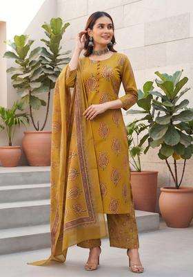 Yellow Printed Cotton Kurta Set