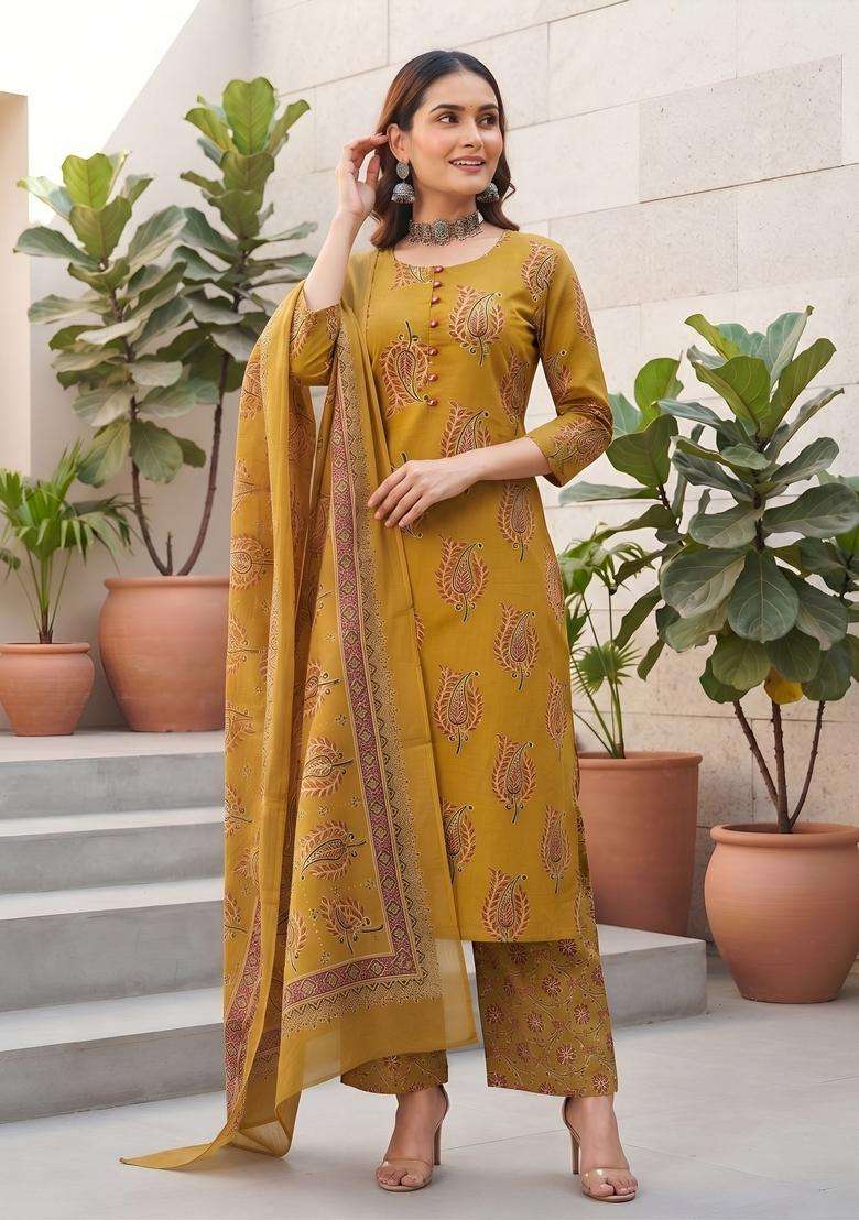 Yellow Printed Cotton Kurta Set - Indya