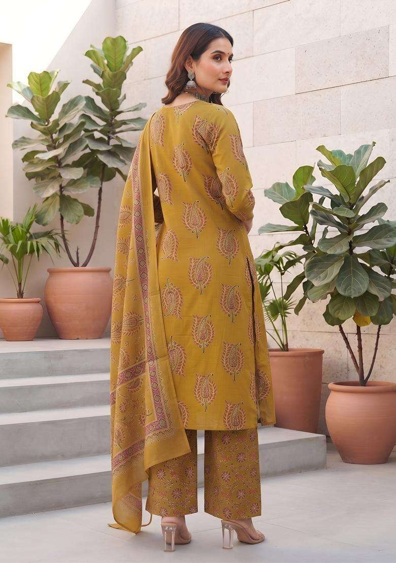 Yellow Printed Cotton Kurta Set - Indya