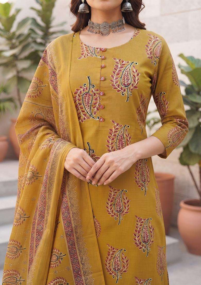Yellow Printed Cotton Kurta Set - Indya