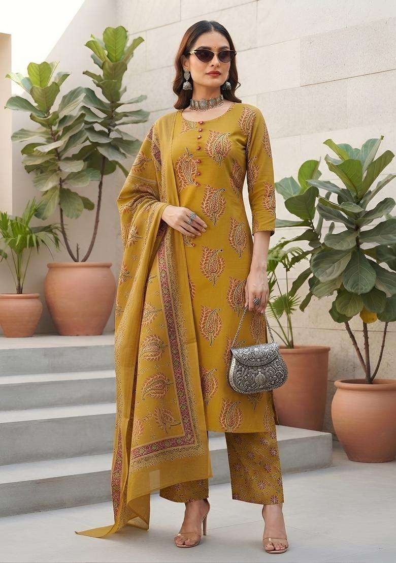 Yellow Printed Cotton Kurta Set - Indya