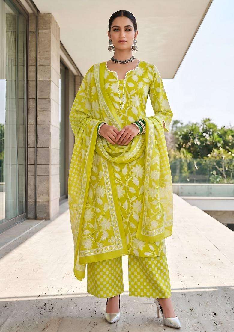 Green Printed Cotton Kurta Set - Indya
