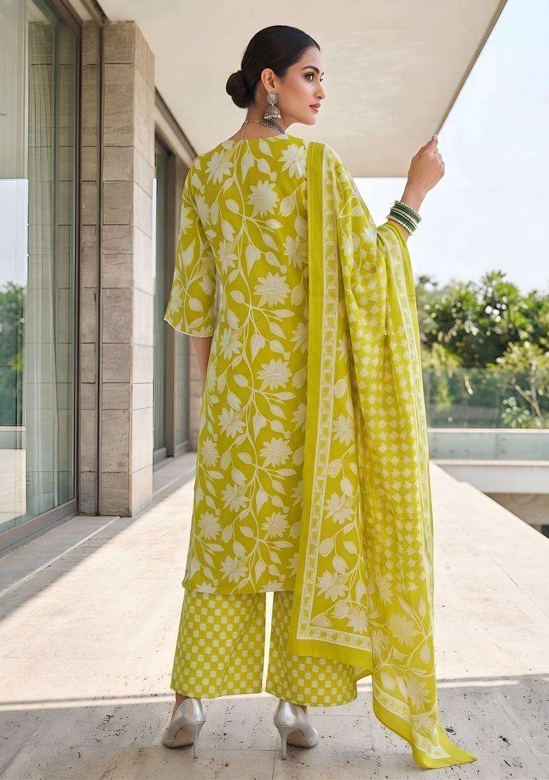 Green Printed Cotton Kurta Set - Indya