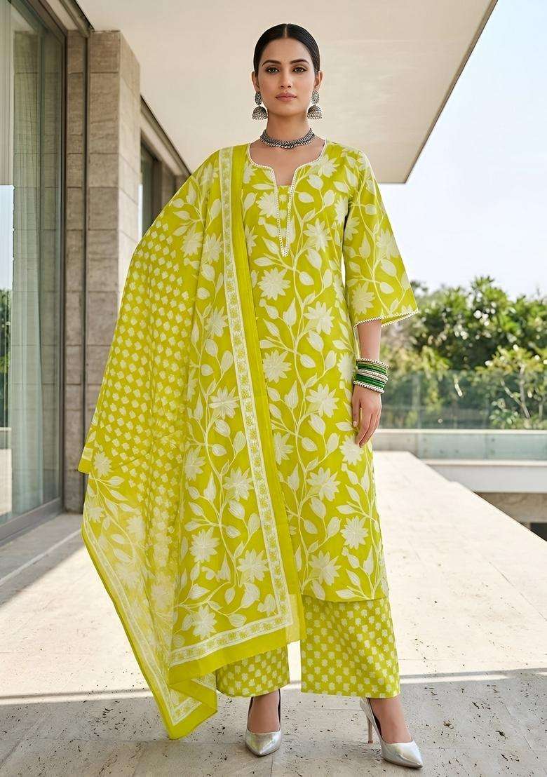 Green Printed Cotton Kurta Set - Indya