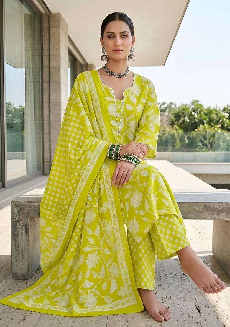 Green Printed Cotton Kurta Set - Indya
