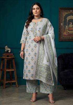 Grey Printed Cotton Kurta Set