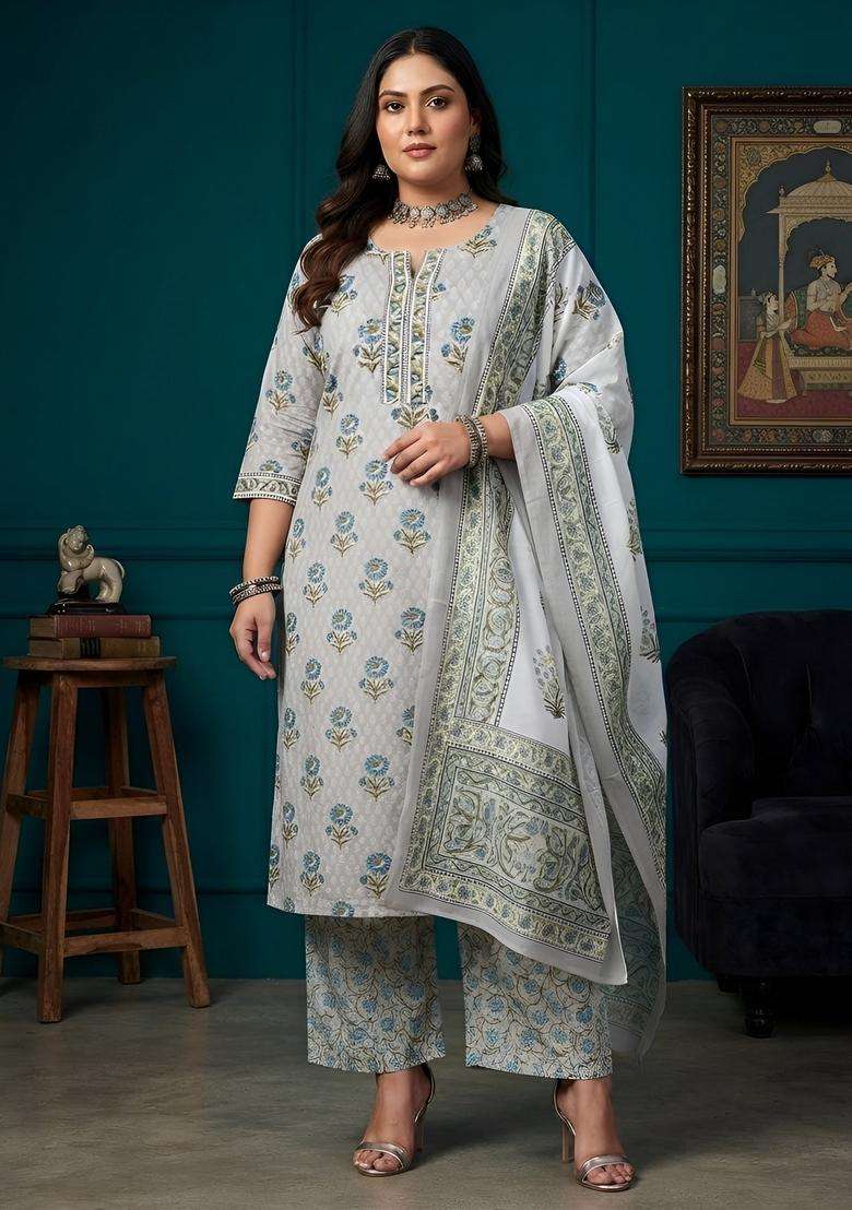 Grey Printed Cotton Kurta Set - Indya