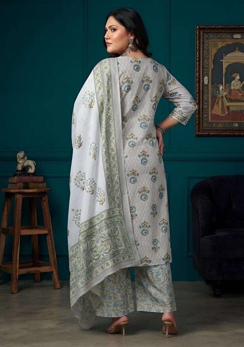 Grey Printed Cotton Kurta Set - Indya