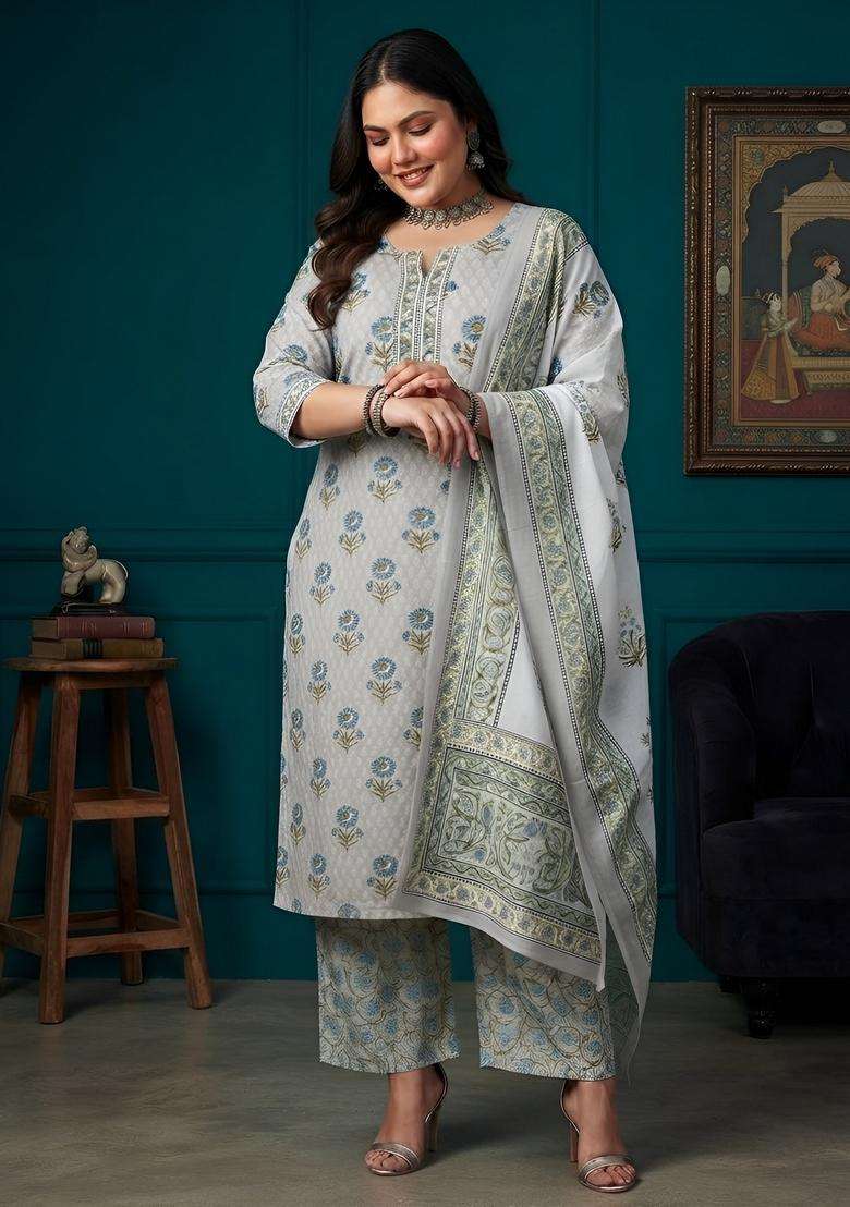 Grey Printed Cotton Kurta Set - Indya