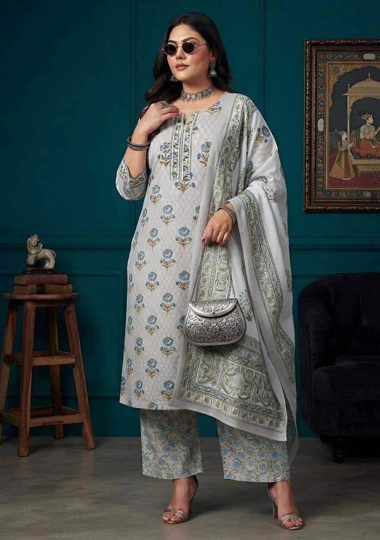 Grey Printed Cotton Kurta Set - Indya