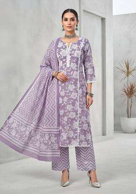 Lavender Printed Cotton Kurta Set