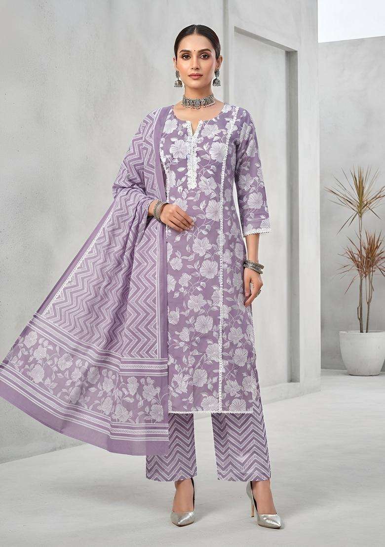 Lavender Printed Cotton Kurta Set - Indya