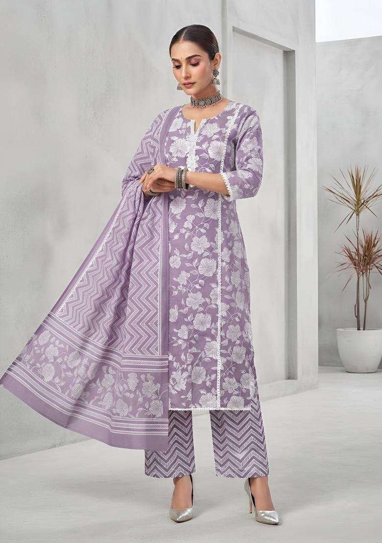 Lavender Printed Cotton Kurta Set - Indya