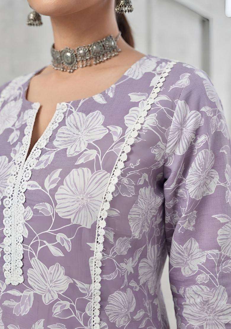 Lavender Printed Cotton Kurta Set - Indya