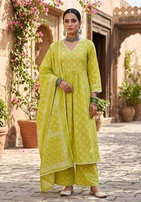 Green Printed Cotton Kurta Set