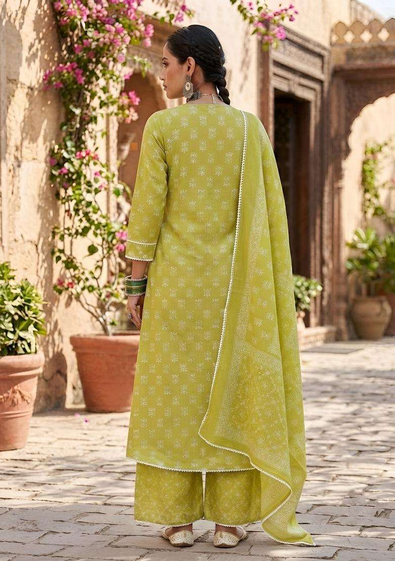 Green Printed Cotton Kurta Set - Indya