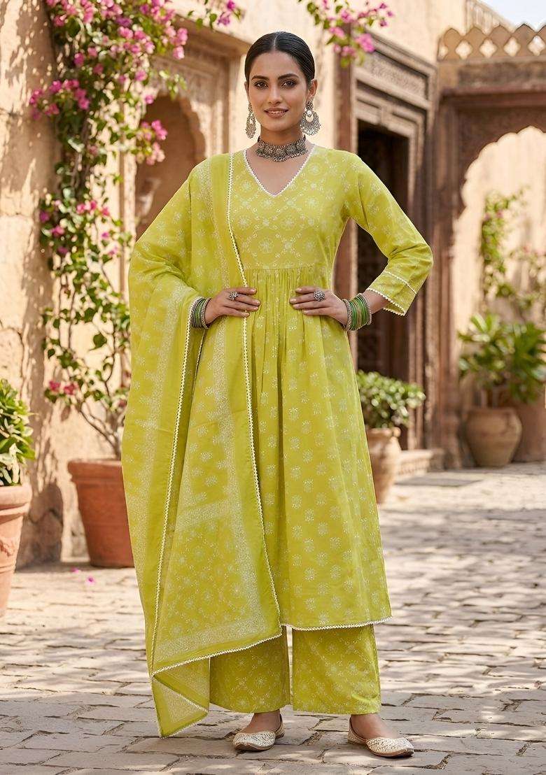 Green Printed Cotton Kurta Set - Indya