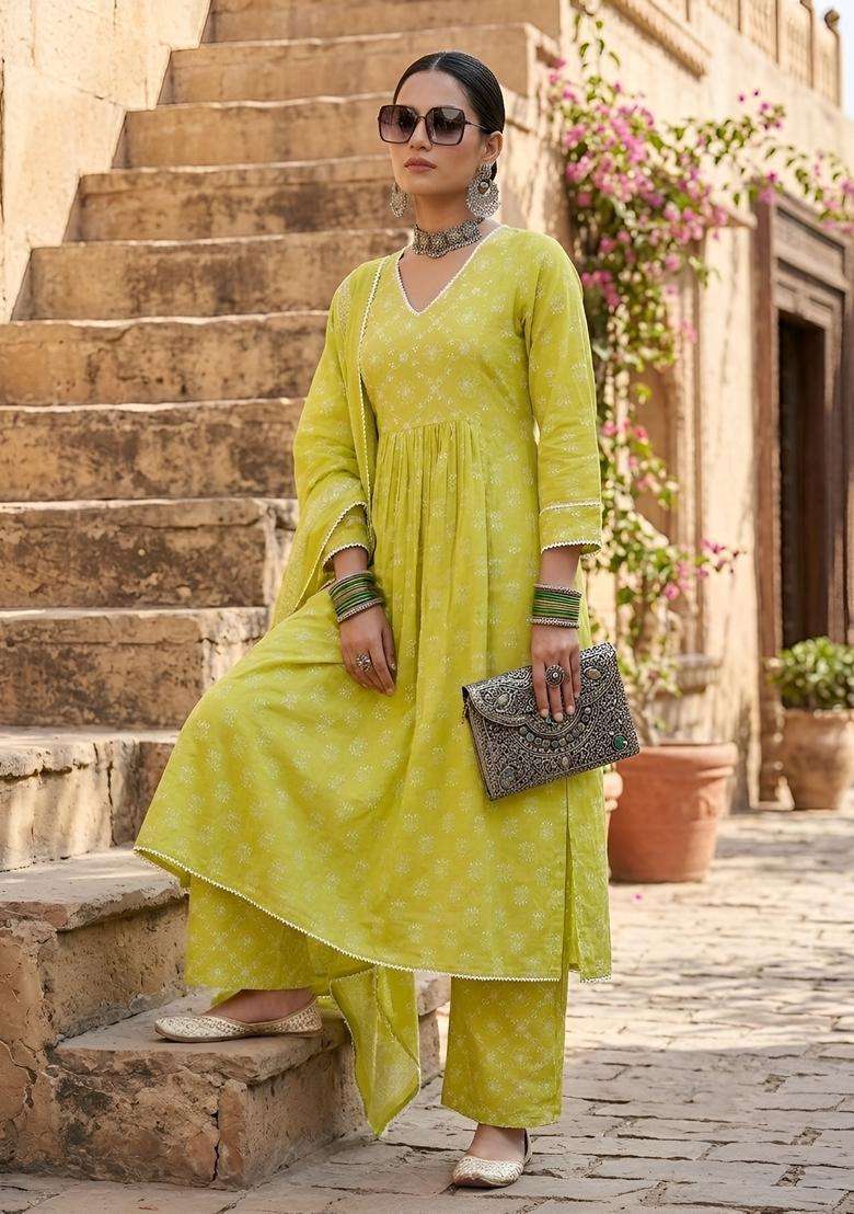 Green Printed Cotton Kurta Set - Indya