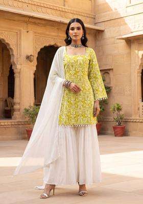 Green Printed Cotton Kurta Set