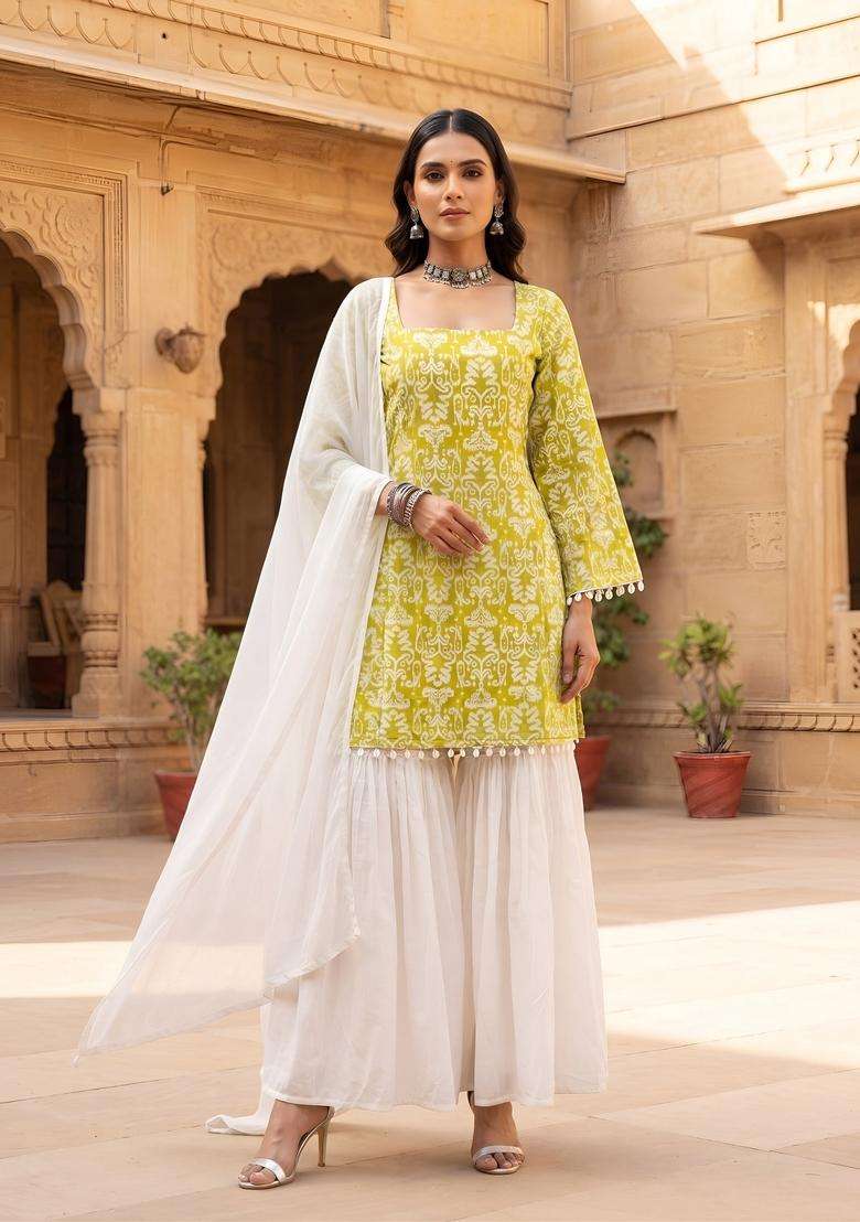 Green Printed Cotton Kurta Set - Indya