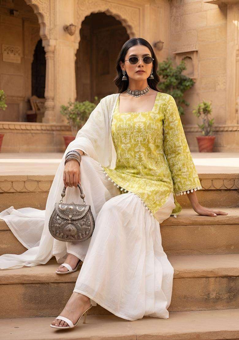 Green Printed Cotton Kurta Set - Indya