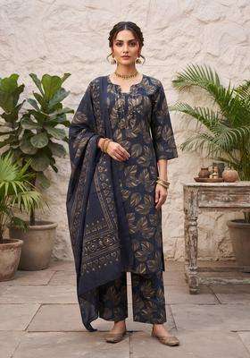 Blue Printed Viscose Kurta Set