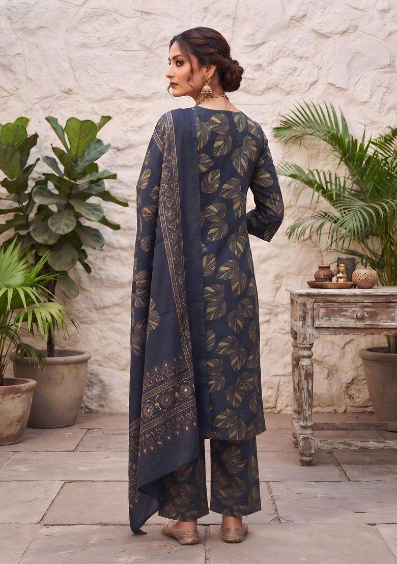 Blue Printed Viscose Kurta Set - Indya
