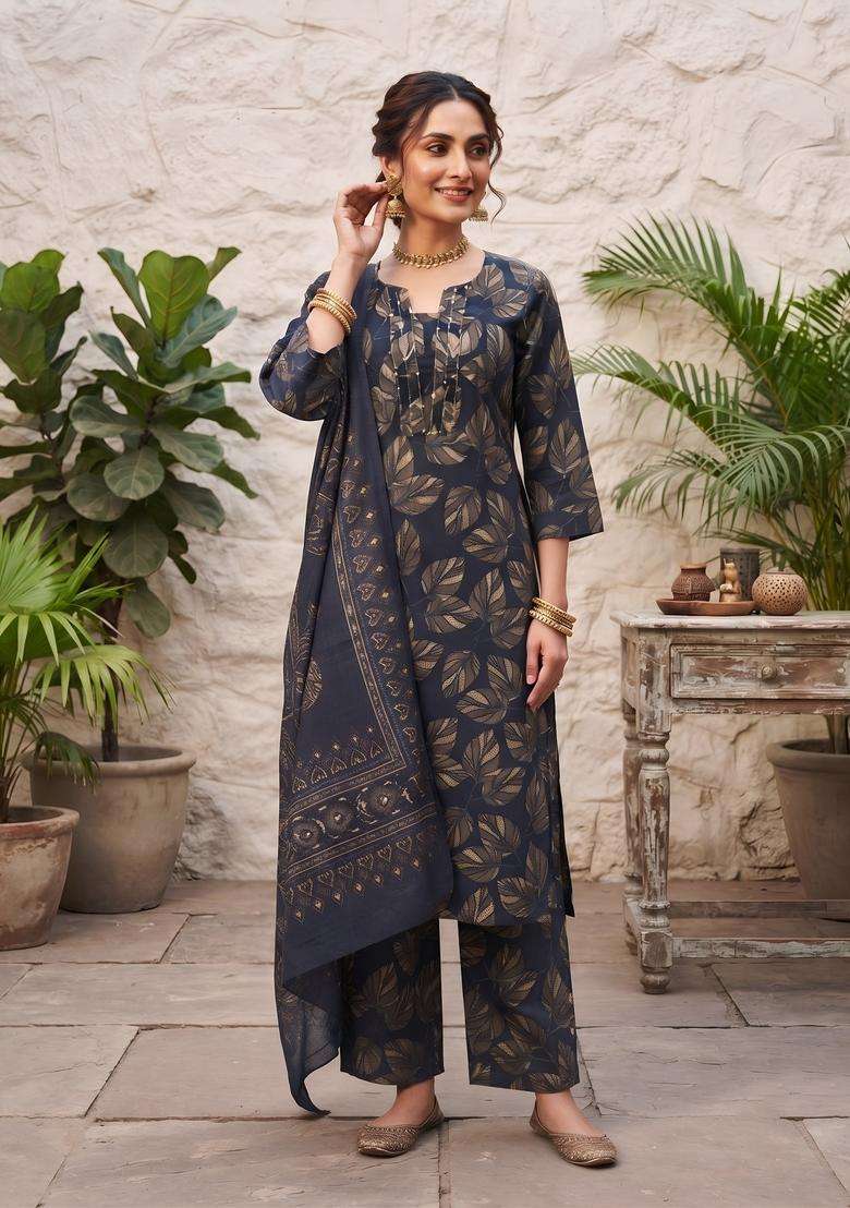 Blue Printed Viscose Kurta Set - Indya