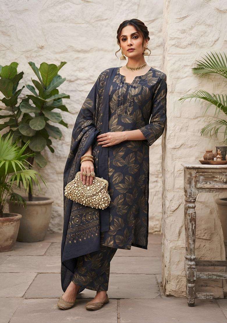 Blue Printed Viscose Kurta Set - Indya