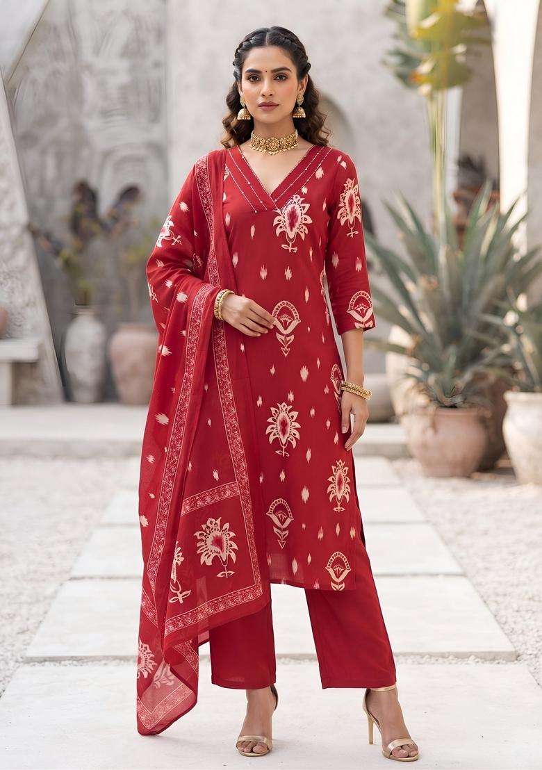 Red Printed Cotton Kurta Set - Indya