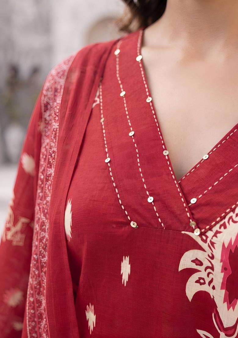 Red Printed Cotton Kurta Set - Indya