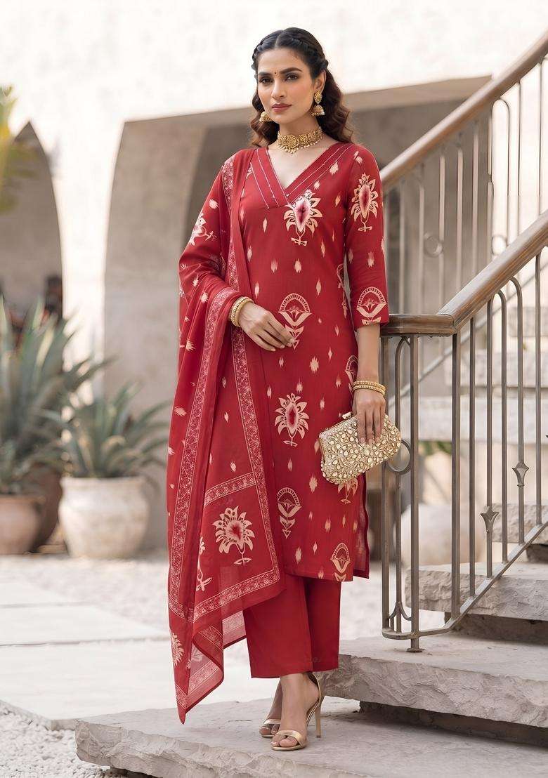 Red Printed Cotton Kurta Set - Indya