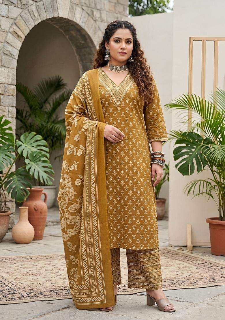 Yellow Printed Cotton Kurta Set - Indya