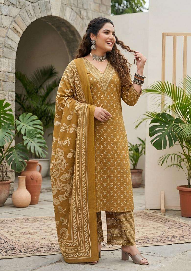 Yellow Printed Cotton Kurta Set - Indya