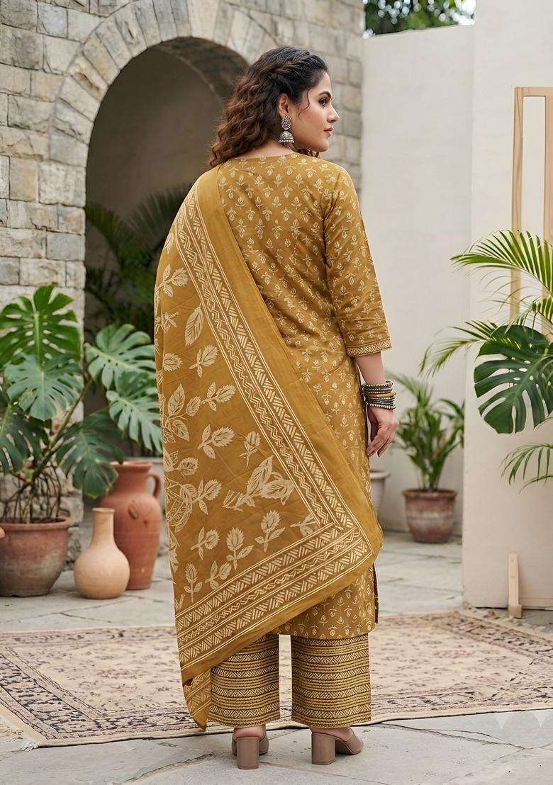 Yellow Printed Cotton Kurta Set - Indya