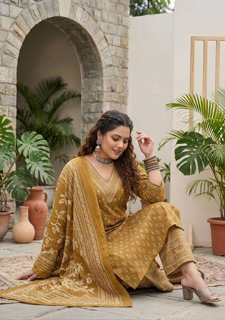Yellow Printed Cotton Kurta Set - Indya