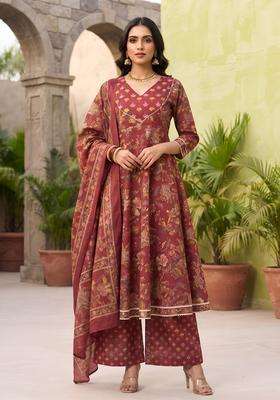 Burgundy Printed Cotton Kurta Set
