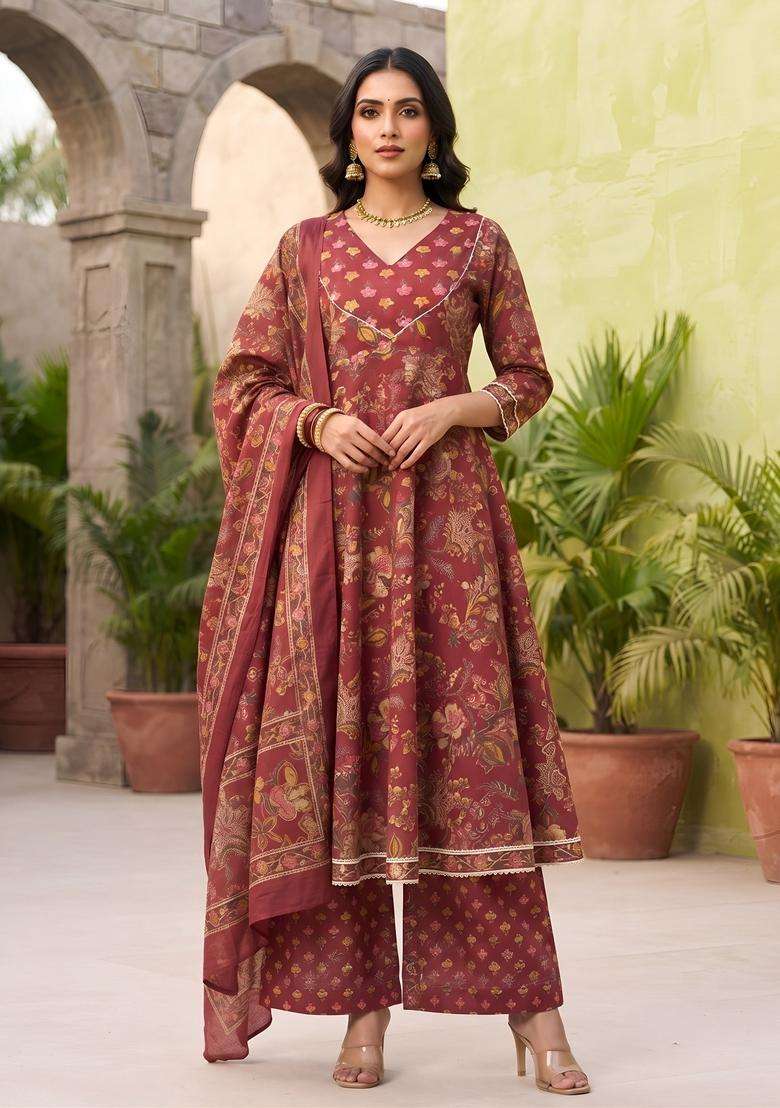 Burgundy Printed Cotton Kurta Set - Indya