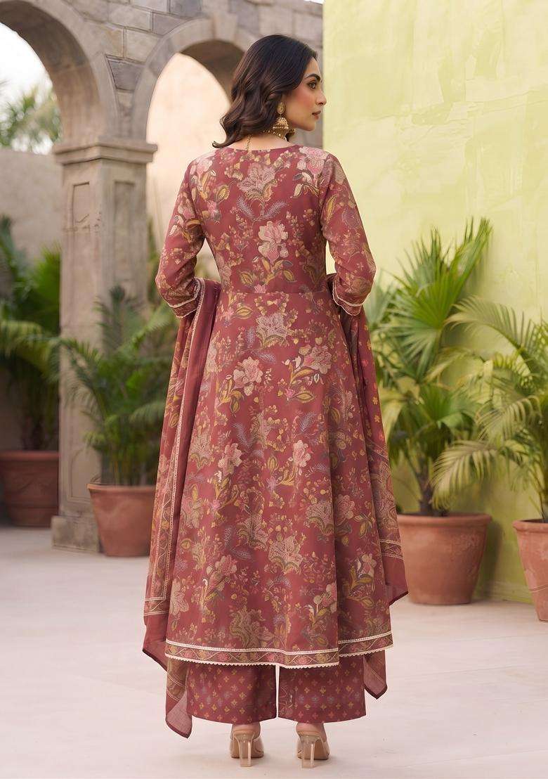 Burgundy Printed Cotton Kurta Set - Indya