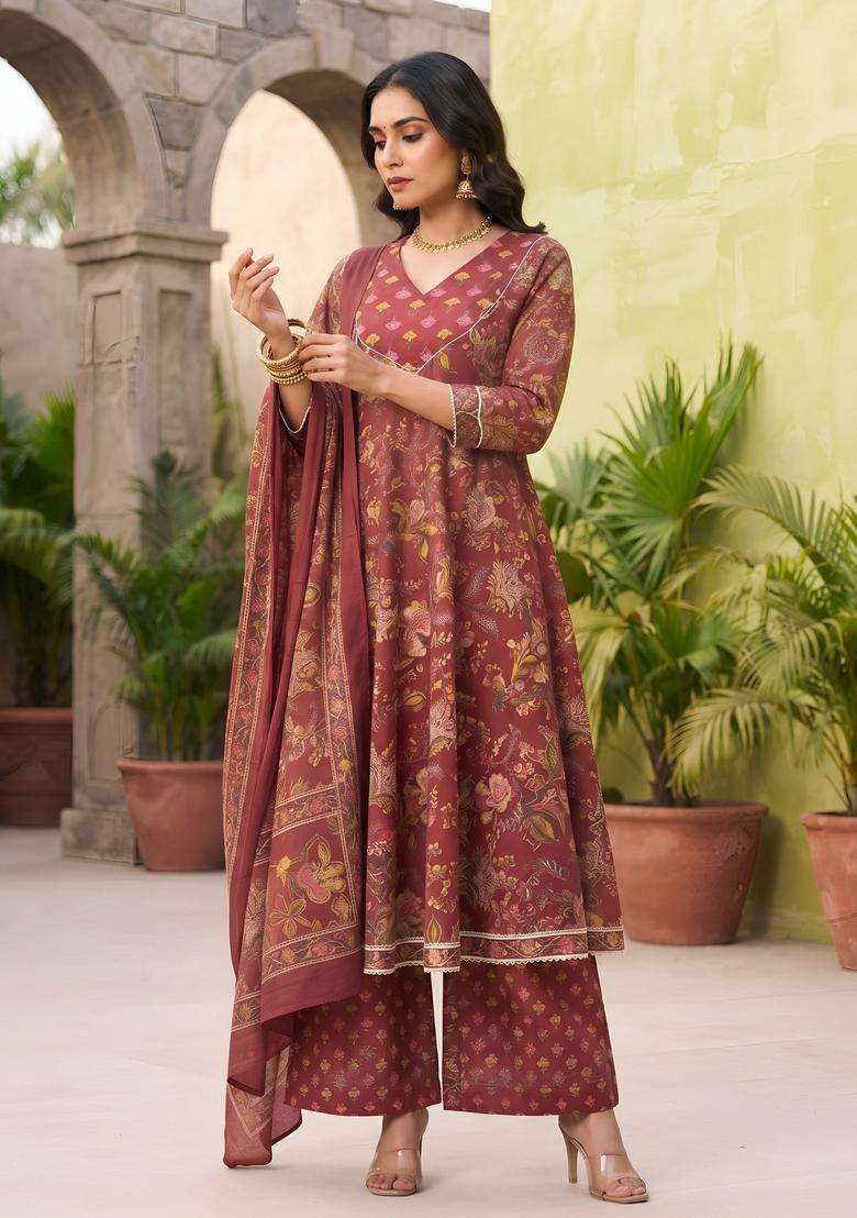 Burgundy Printed Cotton Kurta Set - Indya