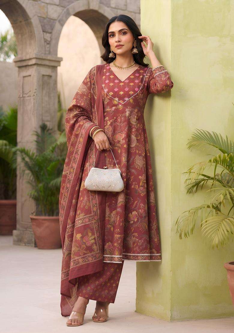 Burgundy Printed Cotton Kurta Set - Indya