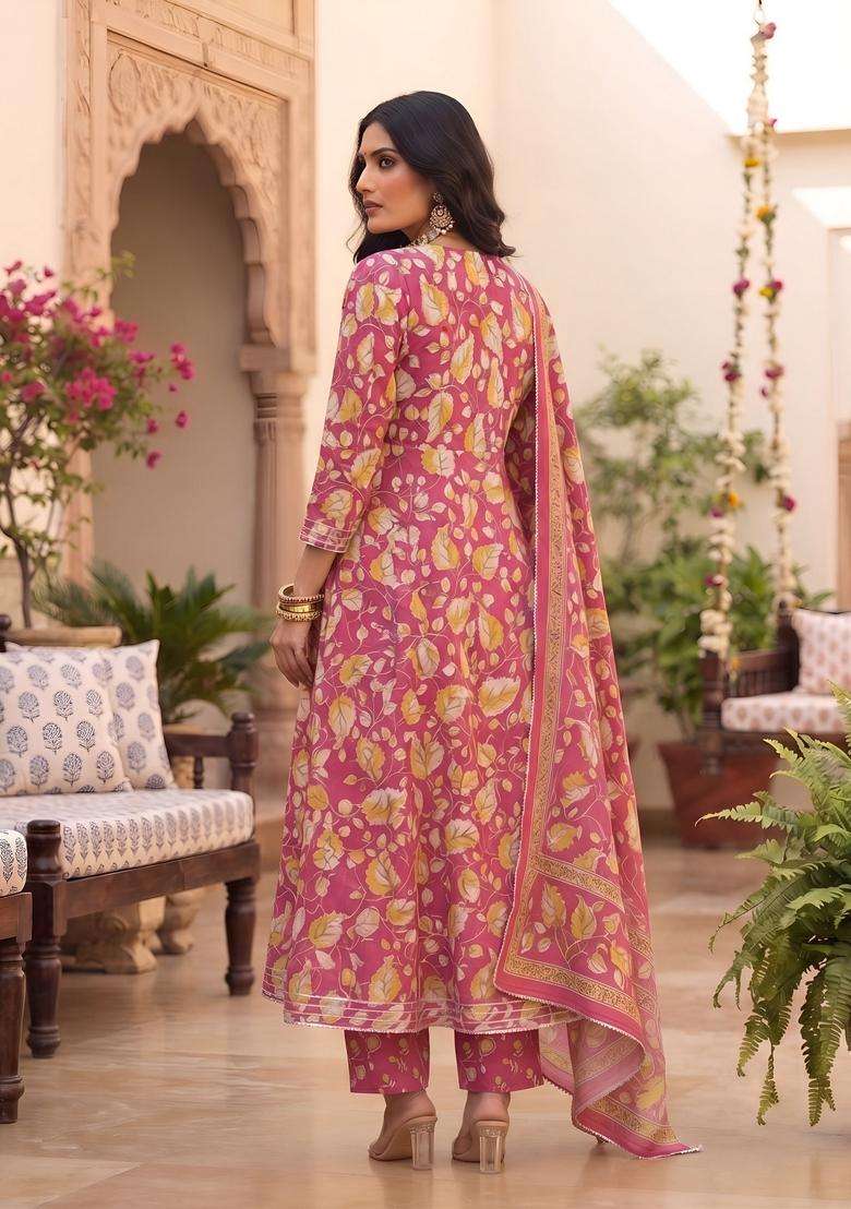 Pink Printed Cotton Kurta Set - Indya