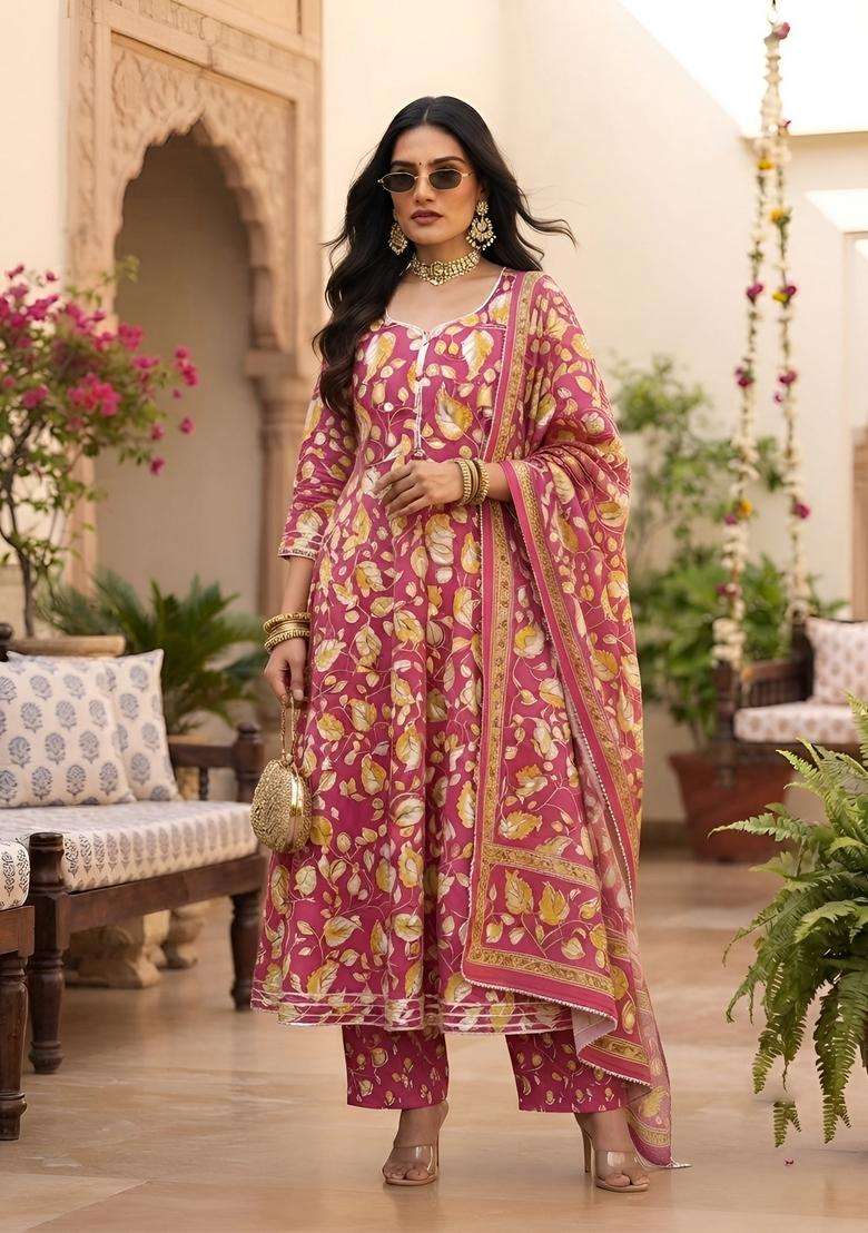 Pink Printed Cotton Kurta Set - Indya