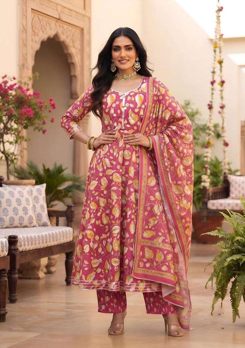 Pink Printed Cotton Kurta Set - Indya