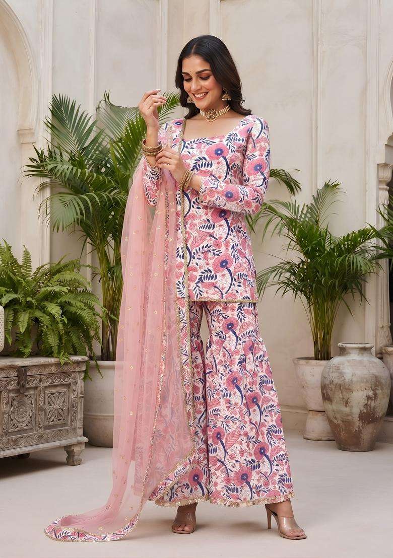 Pink Printed Cotton Kurta Set - Indya